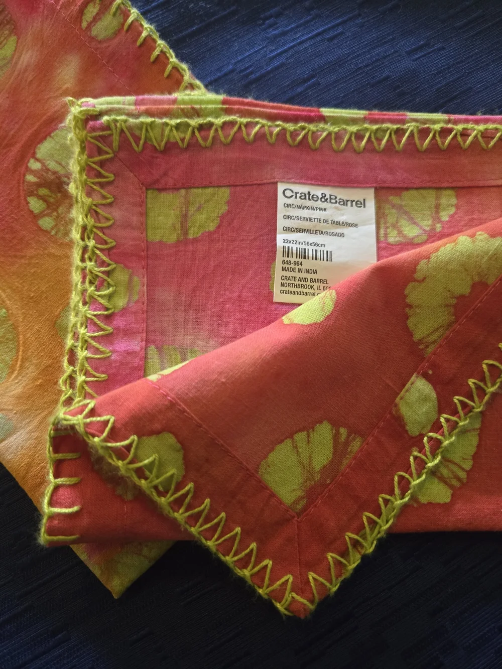 Crate&Barrel 100% Cotton Napkins, Set of 2 with Gold Rings